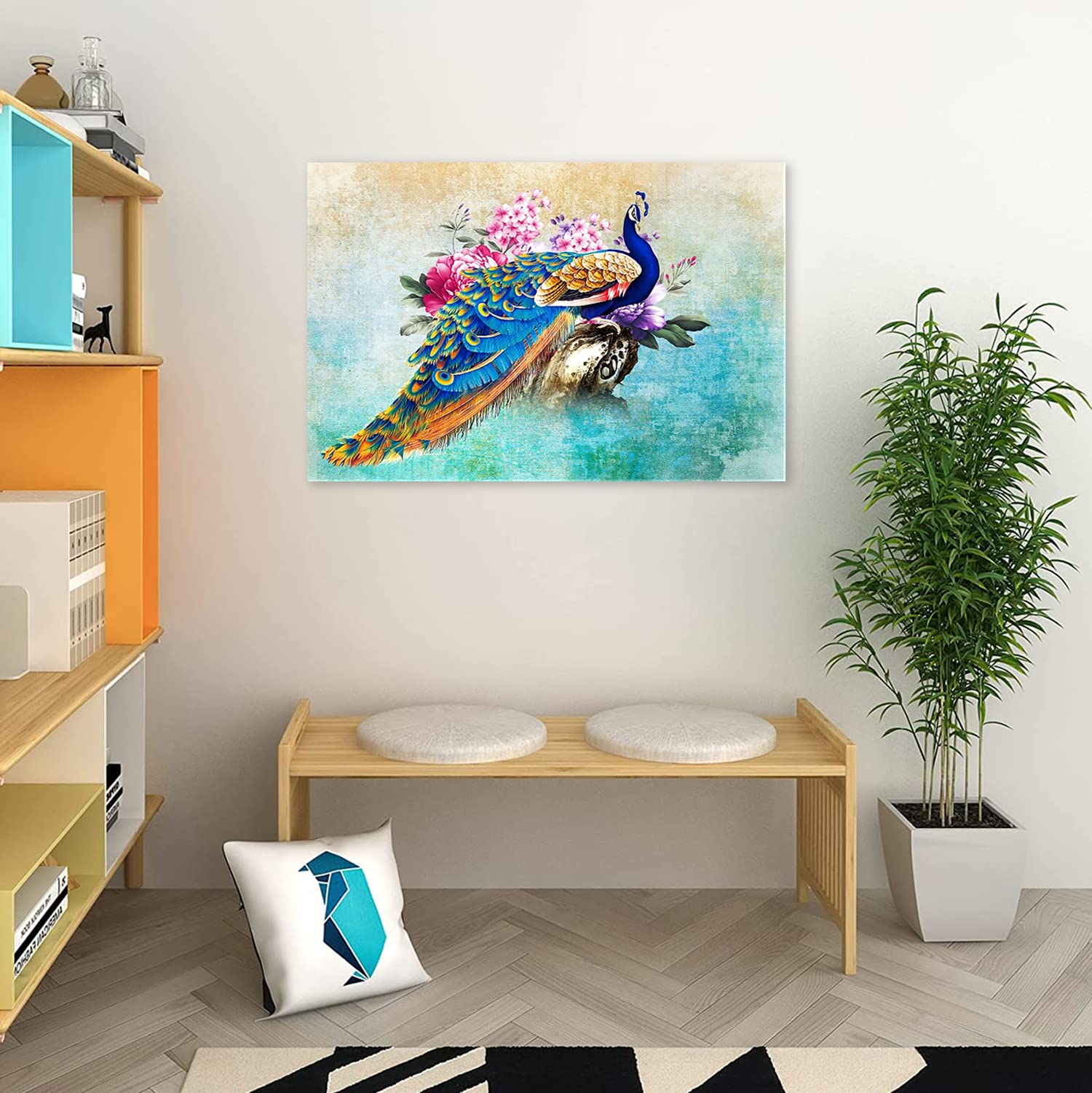 Amazon.co.jp: 絵画 水彩青の孔雀と花ですインテリア 絵画 鳥アート